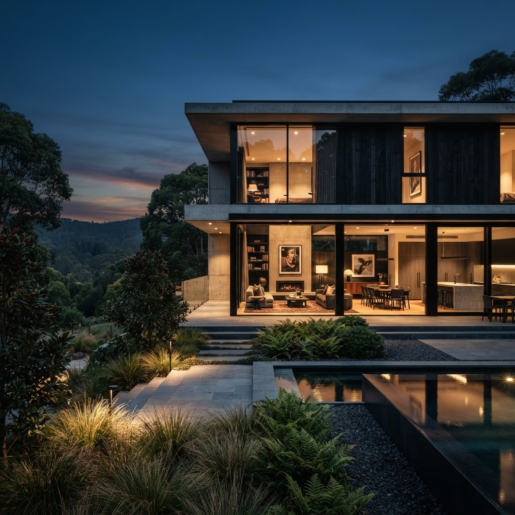 Modern luxury residence at dusk with warm interior lighting